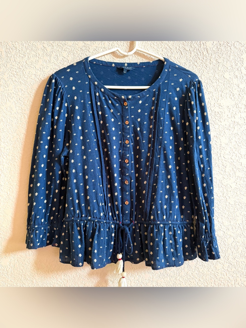 Lucky Brand Womens L Blue Polka Dot Button-Up Blouse With Tassels & Ruffles